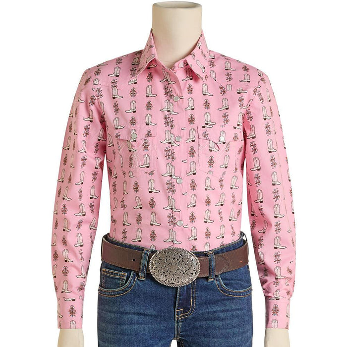 Girl's Pink Boot Print Pearl Snap Shirt