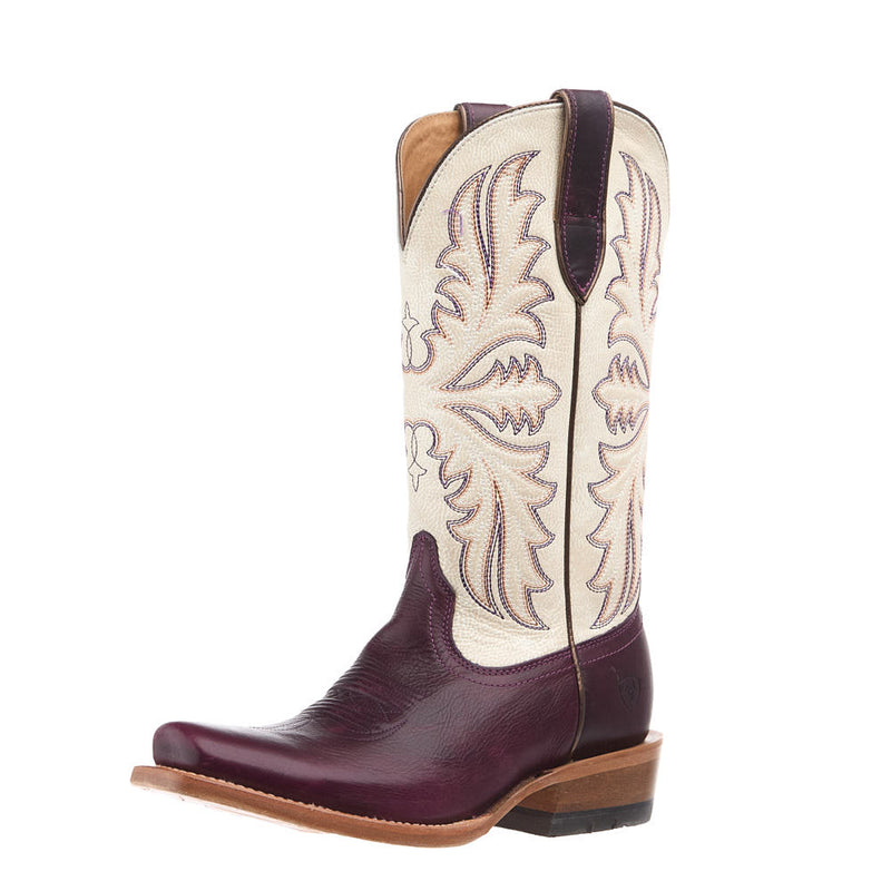 Women's Futurity Oak Port Wine Vamp 12in Cream Candle Embroidered Top Boot
