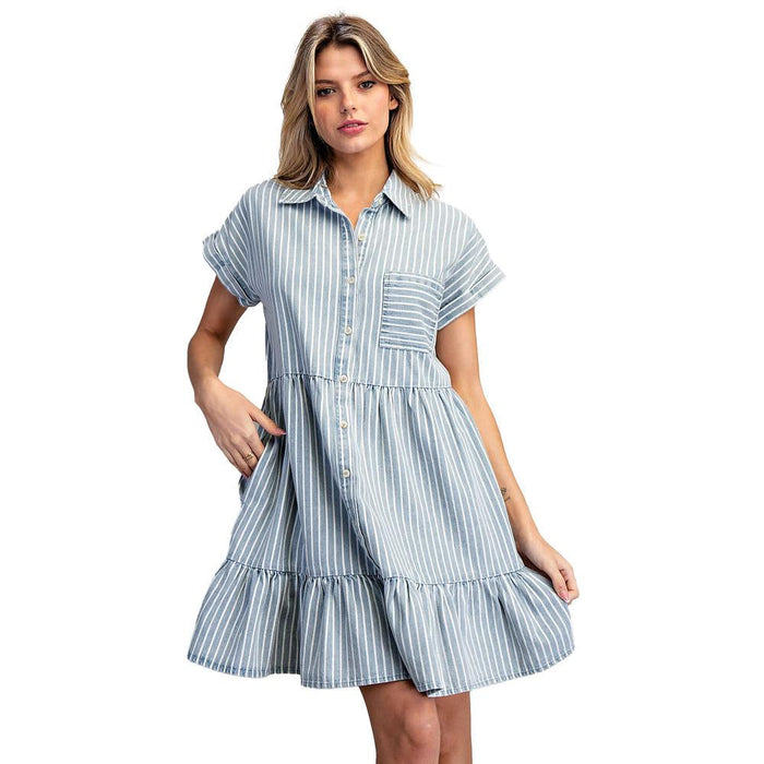 Women's Chambray Striped Tiered Mini Dress