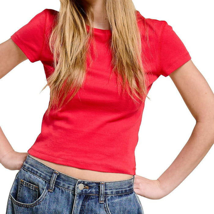 Women's Red Solid Knit Short Sleeve Tee Shirt