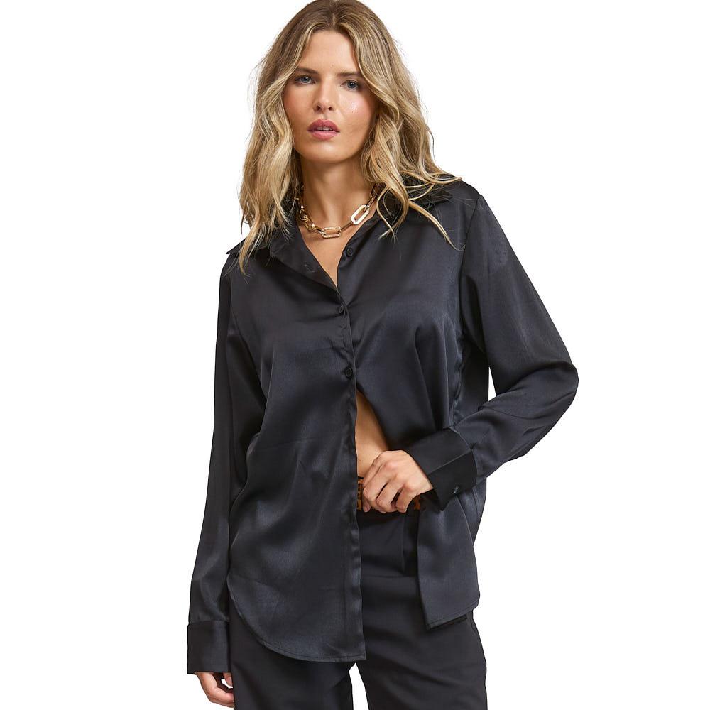 Mimosa Women's Black Satin Long Sleeve Blouse — NRS