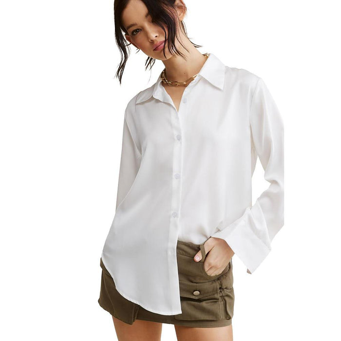 Women's White Satin Long Sleeve Blouse