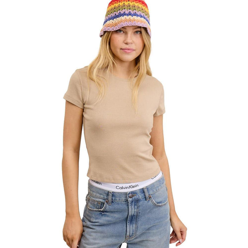 Women's Beige Solid Knit Short Sleeve Tee Shirt