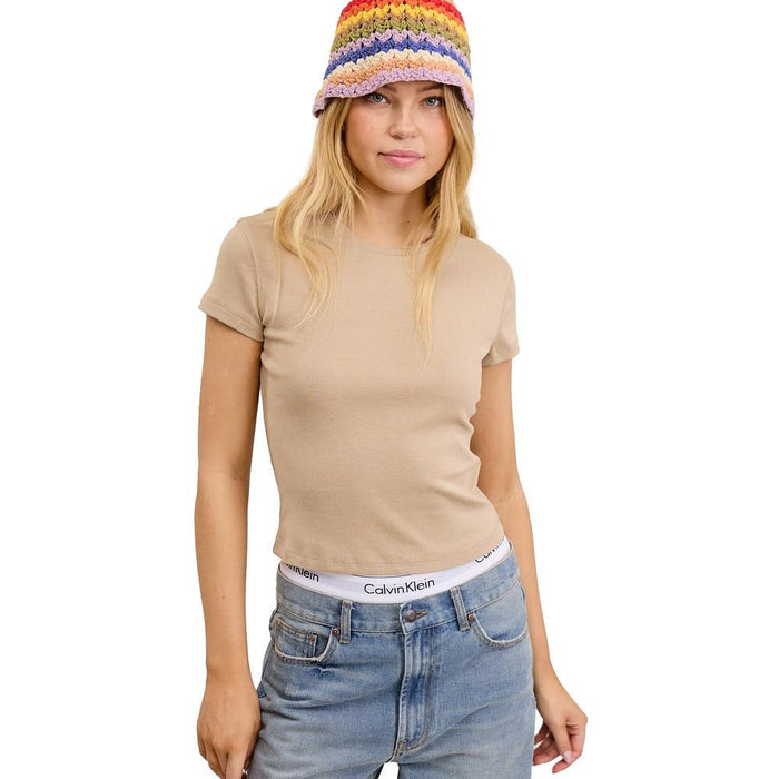 Women's Beige Solid Knit Short Sleeve Tee Shirt