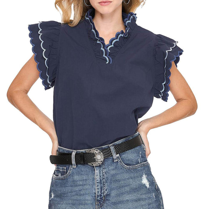 Women's Navy Scallop Trim Ruffle Top