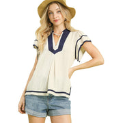 Women's Oatmeal Linen Ruffle Top