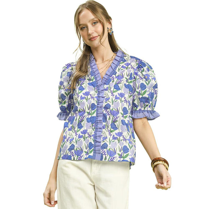 Women's Blue Floral Ruffle Blouse