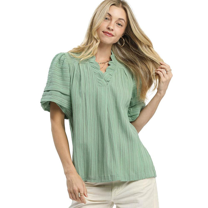 Women's Mint Seersucker V-Neck Top