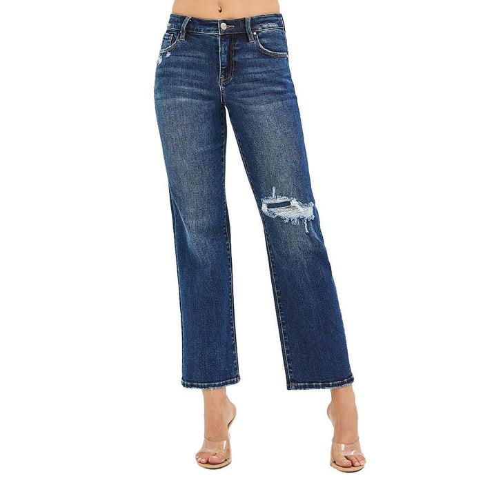 Women's Dark Straight Patched Knee Jeans