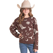 Girl's Chocolate Print Western Sweater