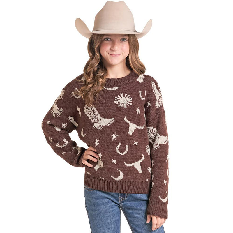 Girl's Chocolate Print Western Sweater
