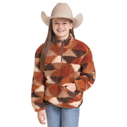 Girl's Brown Hexagon Print Sherpa Jacket