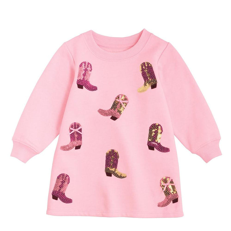 Girl's Pink Sequin Boot Sweatshirt Dress