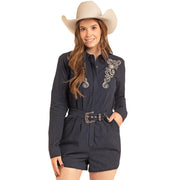 Women's Black Embroidered Romper