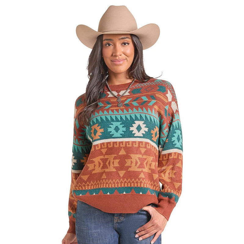 Women's Rust Aztec Stripe Sweater