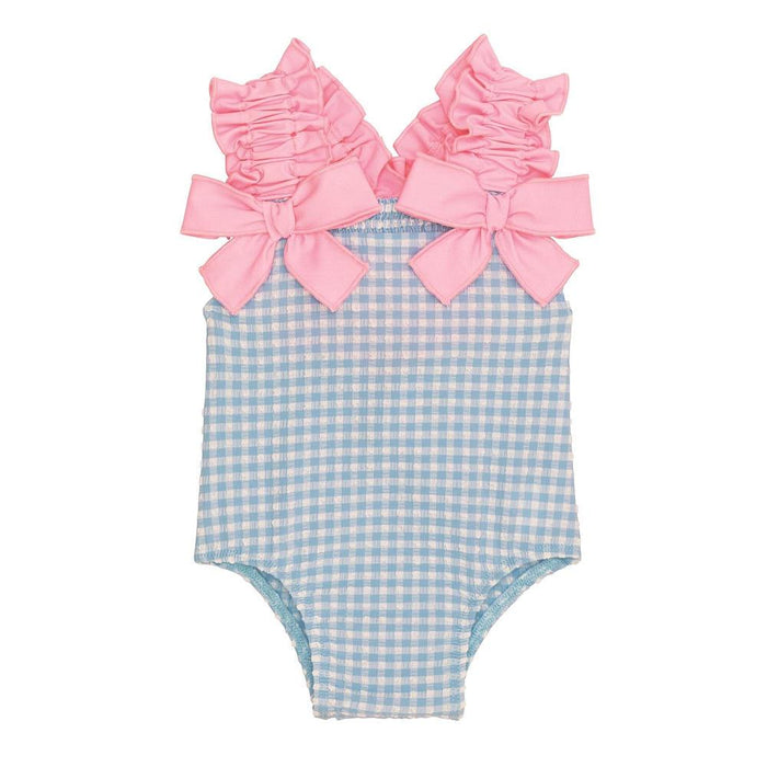 Girl's Blue Crinkle Check Swimsuit