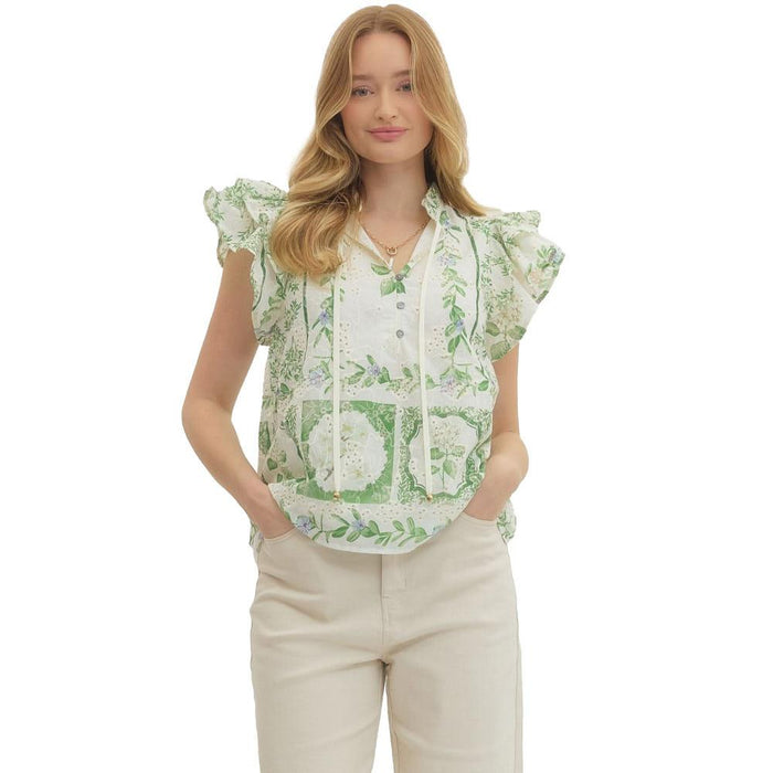Women's Green Floral Flutter Sleeve Top