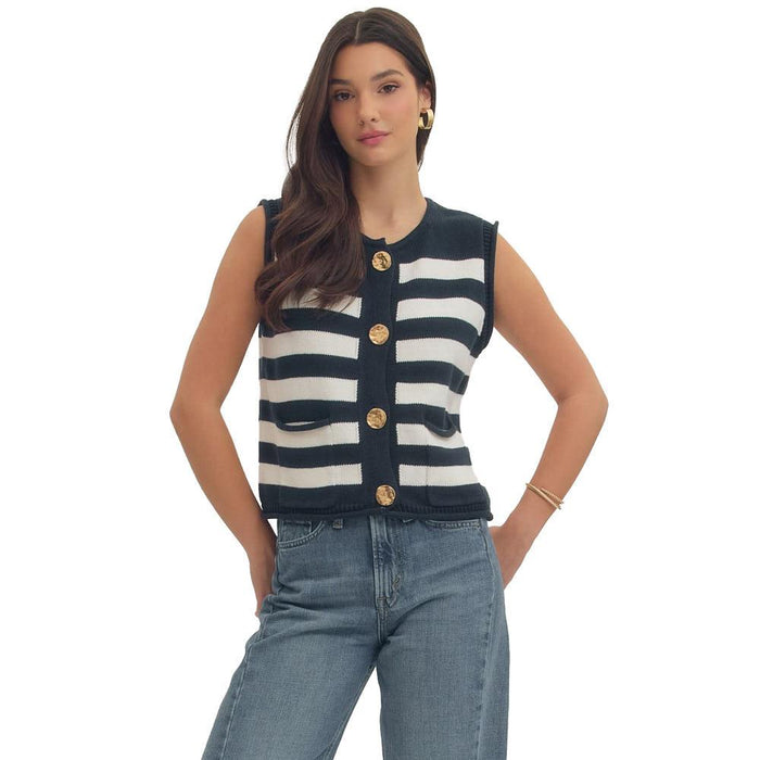 Women's Navy Striped Button Sleeveless Top