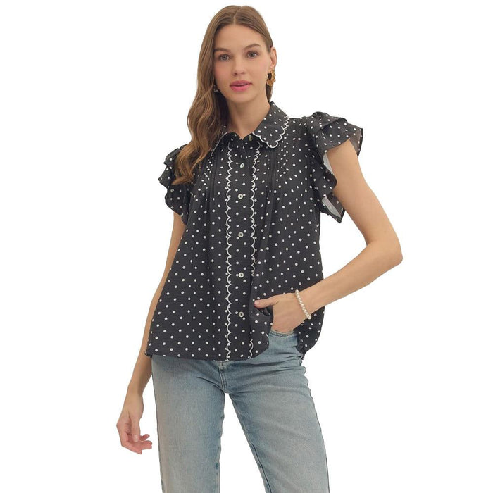 Women's Black Polka Dot Flutter Sleeve Top