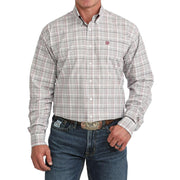 Men's White Plaid Printed Long Sleeve Shirt