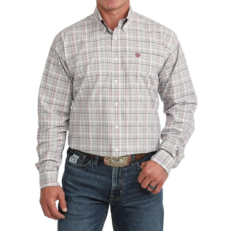 Men's White Plaid Printed Long Sleeve Shirt