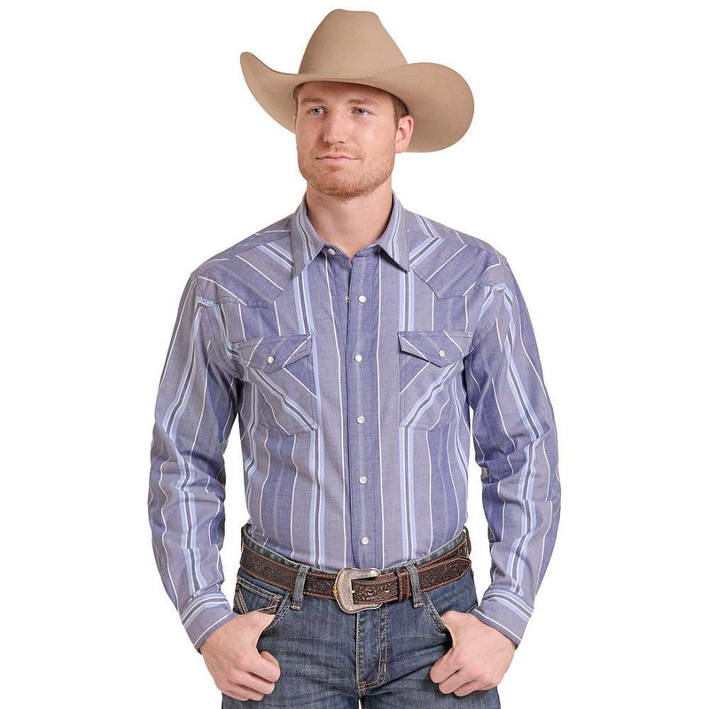 Men's Blue Striped Snap Long Sleeve Shirt