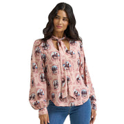 Women's Pink Western Print Tie Blouse