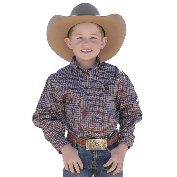 Boy's Pink Printed Long Sleeve Button Shirt