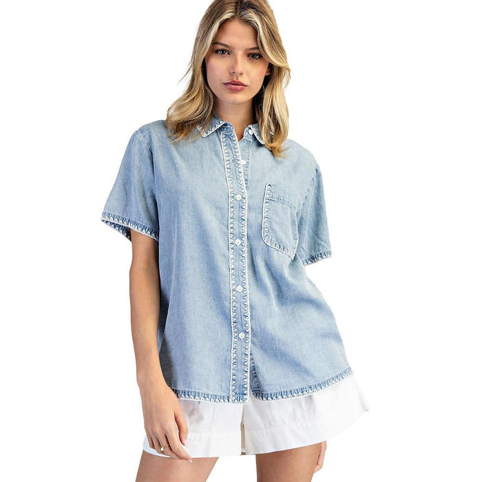 Women's Denim Zigzag Trim Blouse