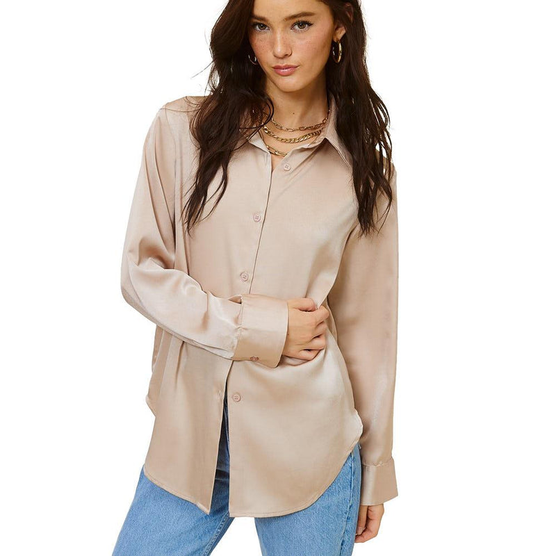 Women's Nude Satin Long Sleeve Blouse