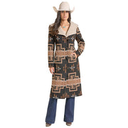Women's Black Aztec Hooded Long Coat