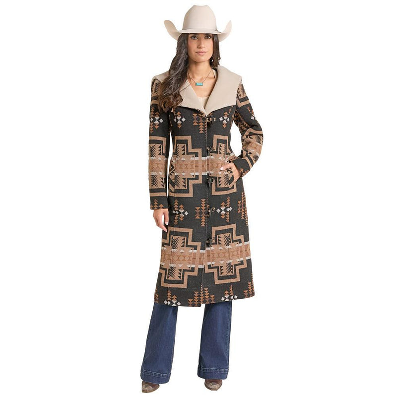 Women's Black Aztec Hooded Long Coat