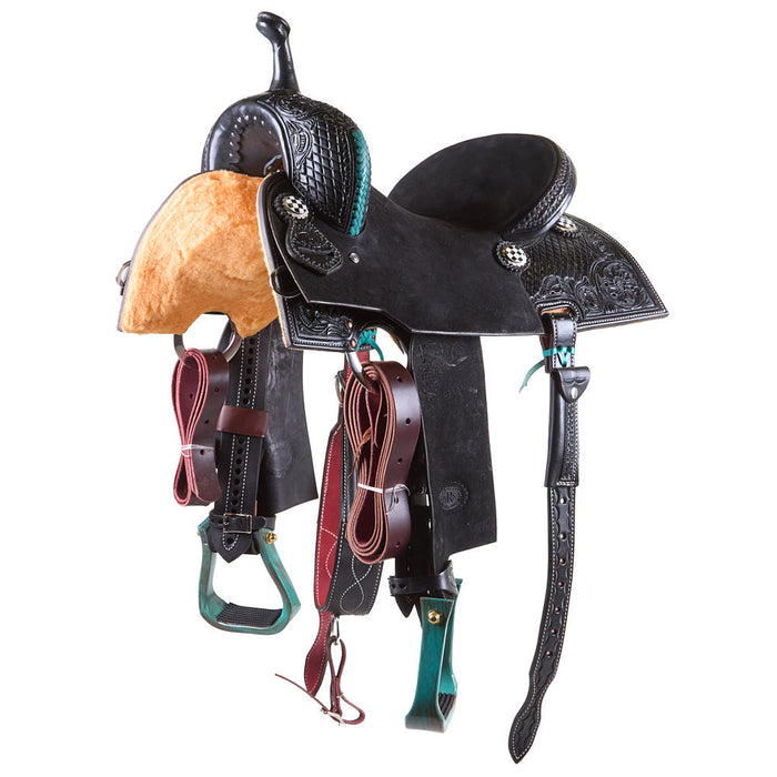 Black and Turquoise Chasin Checks Barrel Saddle