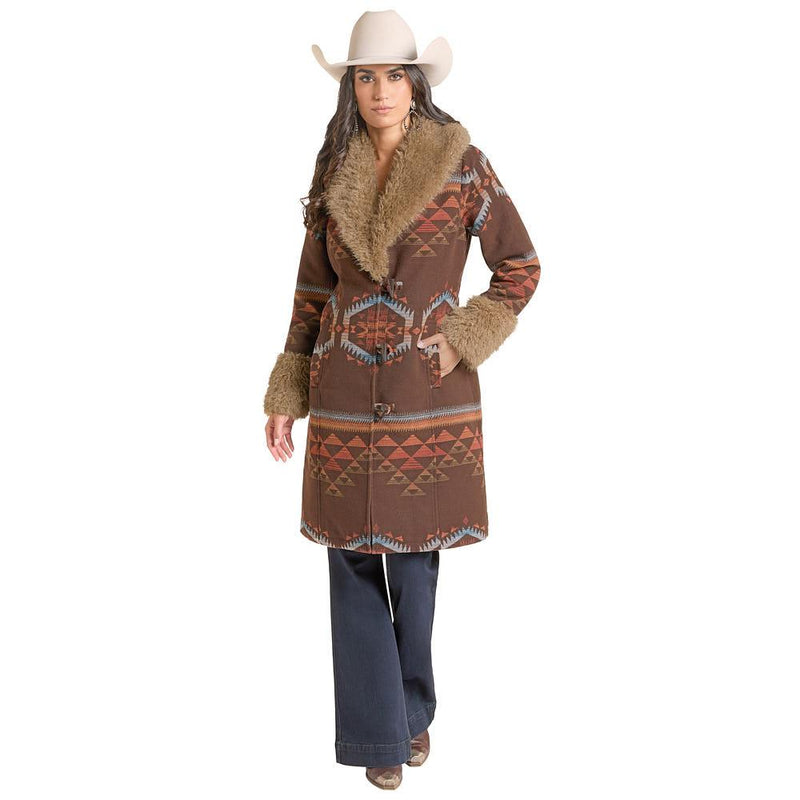 Women's Brown Border Jacquard With Fur Coat