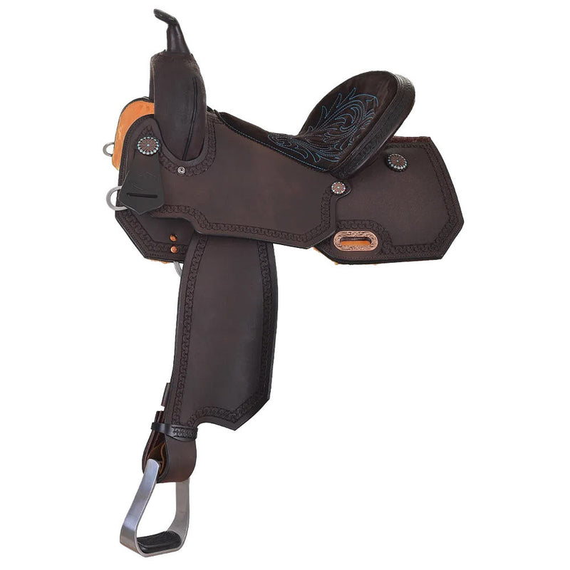15in Turquoise Stitched Chocolate Suede Lindale Barrel Saddle