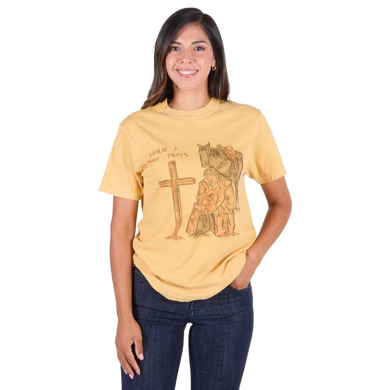 Women's Mustard When A Cowboy Prays Tee Shirt
