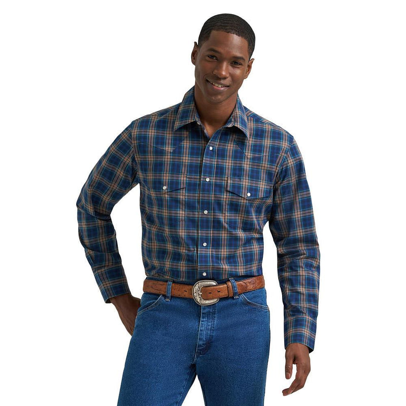 Men's Wrinkle Resist Navy & Khaki Plaid Shirt