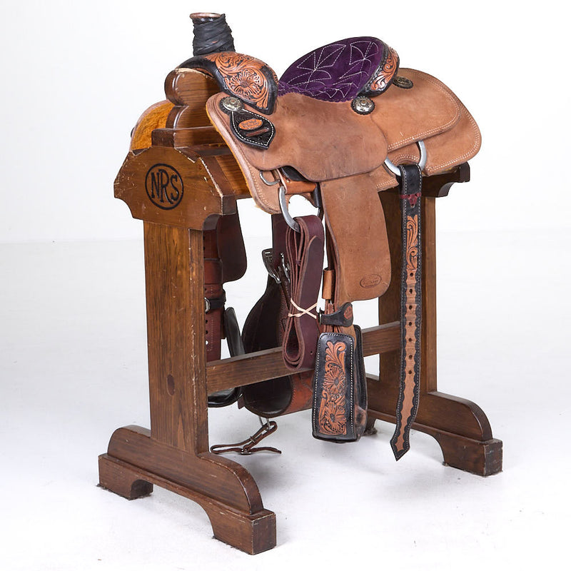 Used 13.5 1/8 Tooled Purple Seat Team Roping Saddle