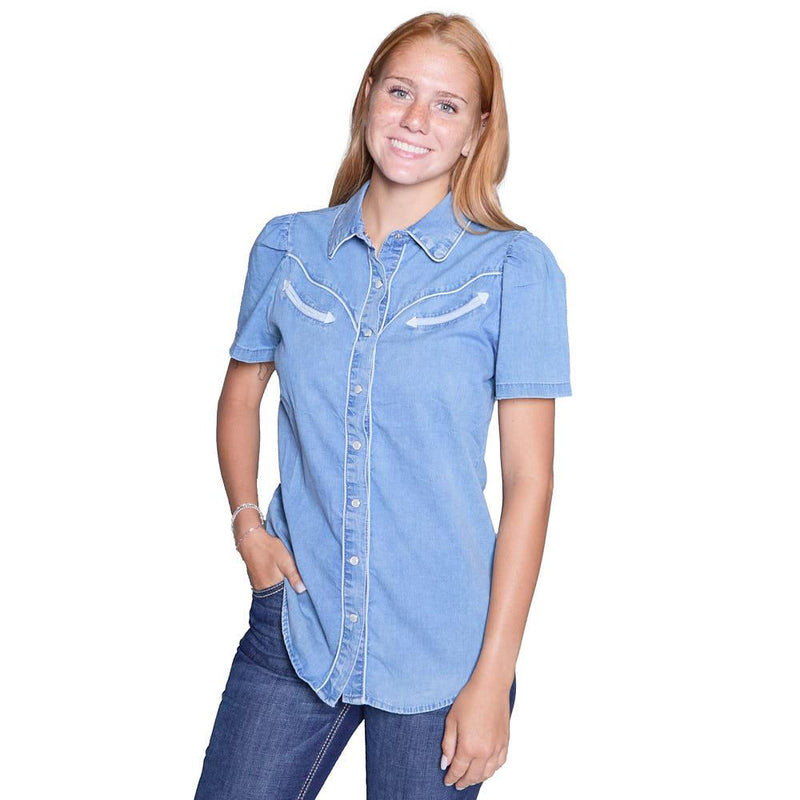 Women's Vintage Denim Short Sleeve Pearl Snap Shirt