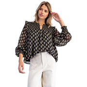 Women's Black Bloom Floral Smocked Top
