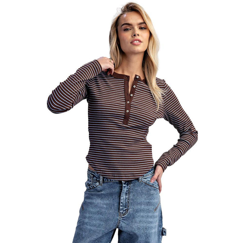 Women's Frosted Mocha Striped Henley Top