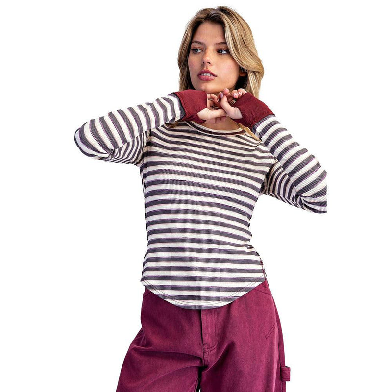 Women's Muted Grape Mineral Striped Thermal Top