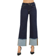 Women's Solid Dark Crop Wide Cuffed Jean