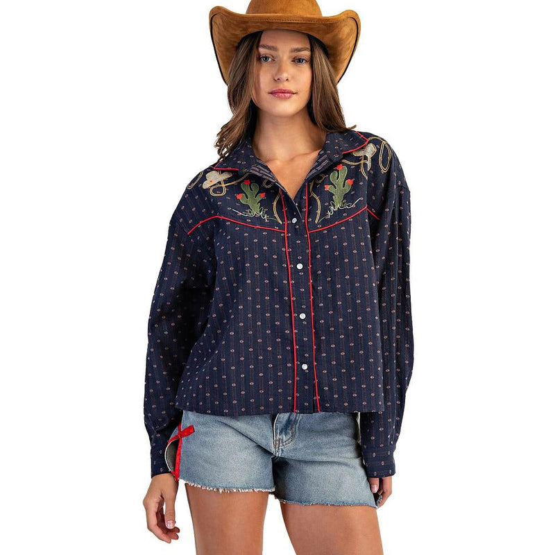 Women's Western Navy Embroidered Button Top