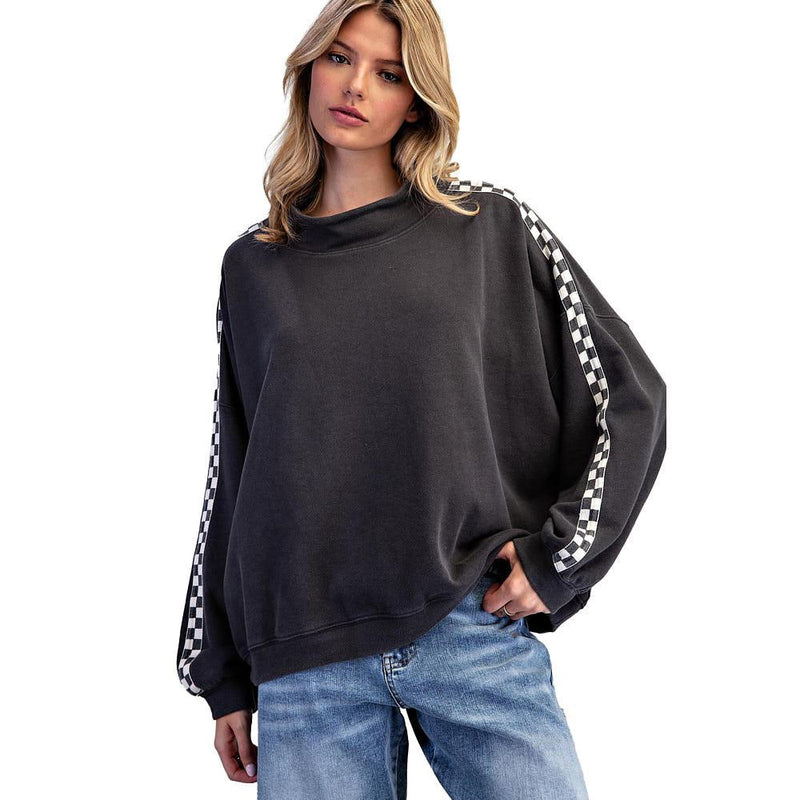 Women's Ash Black Mineral Washed Checkered Pullover
