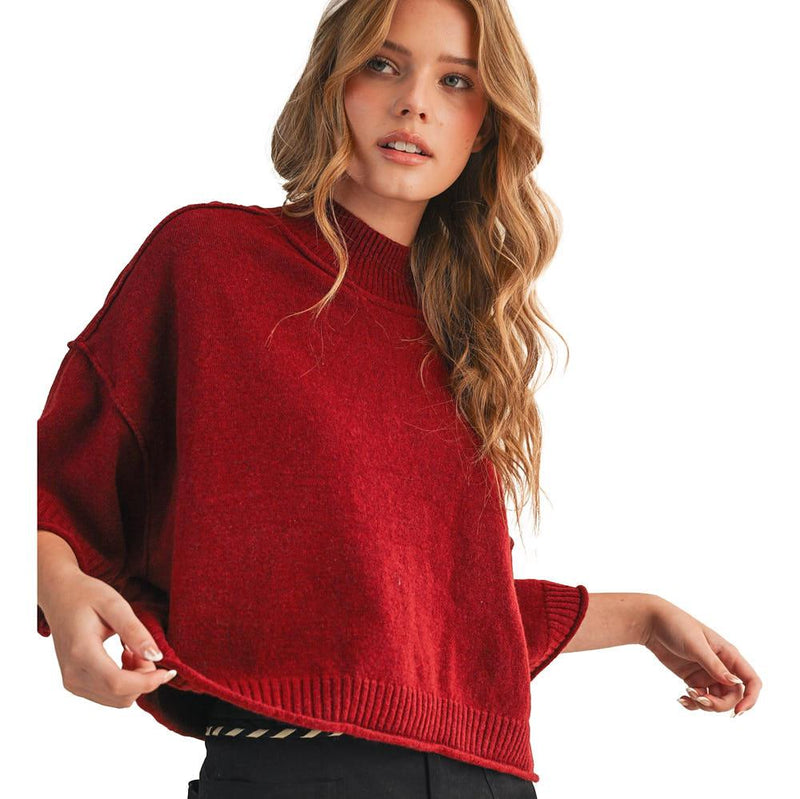 Wom Dark Wine Marled Mock Neck Top