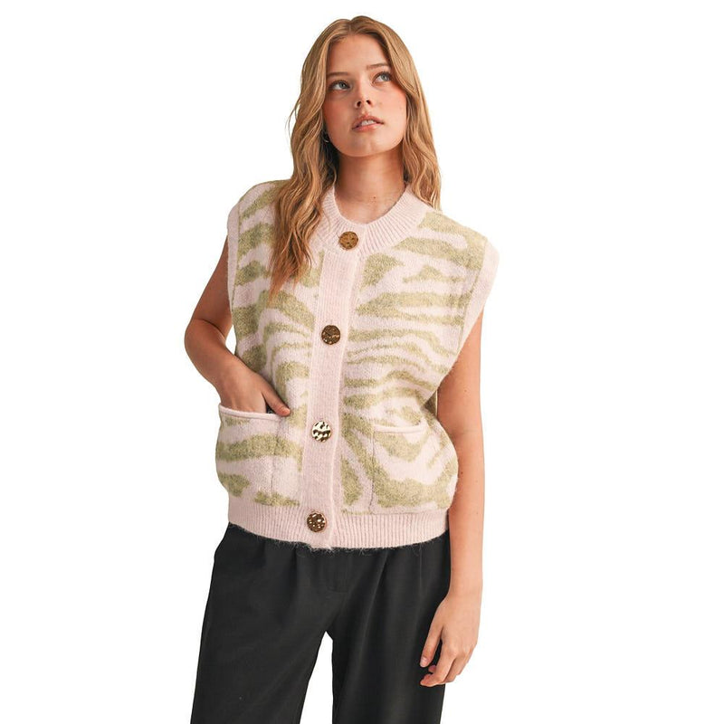 Wom Pink Sage Tiger Stripe Sweater Vest