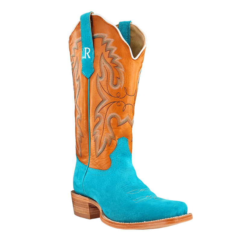 Women's Turquoise Boar Vamp 13in Tan Cowhide Top Boot