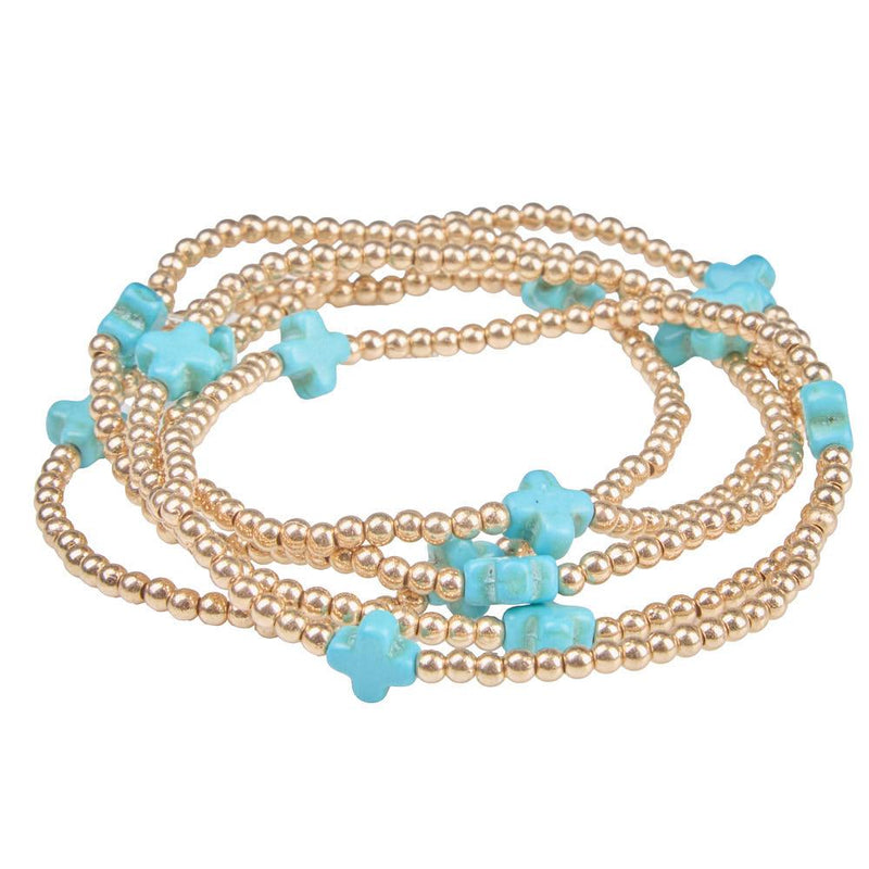 Gold & Turquoise Cross Beaded Stretch Bracelet