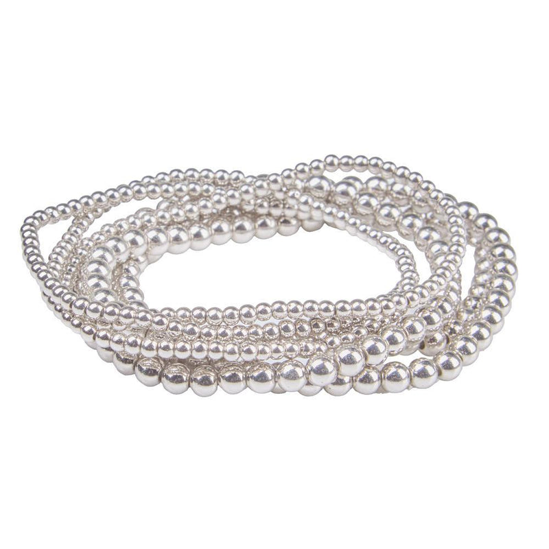 Silver Beaded 6-Strand Stretch Bracelet Set